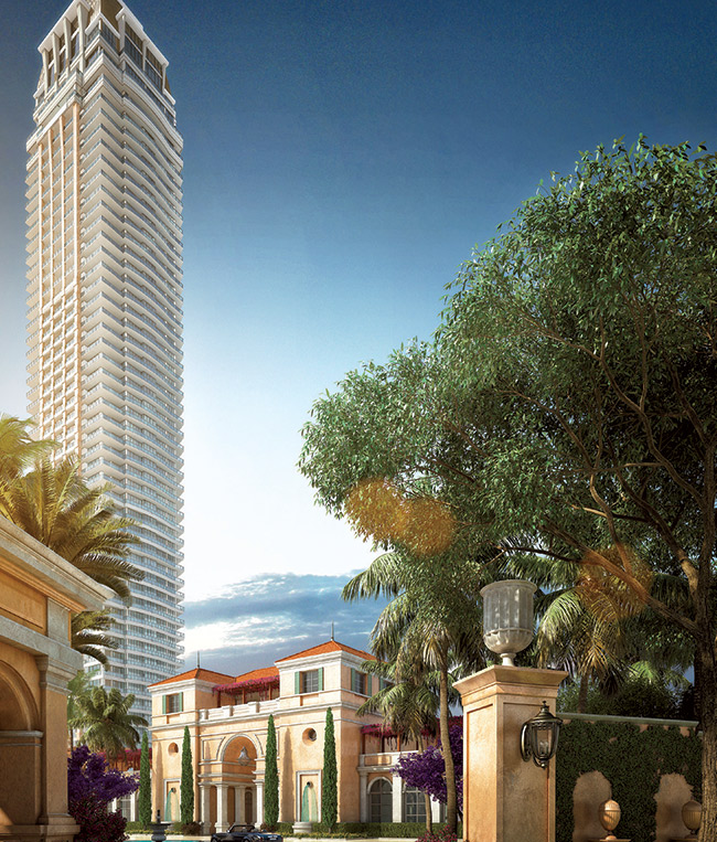 The Estates at Acqualina (seen here in a rendering) are the latest residential expansion of Acqualina Resort & Spa in Sunny Isles Beach and will consist of two towers totalling 264 units, with a bowling alley, ice skating rink, and six pools.