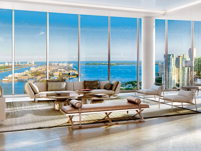 In addition to stunning views from the penthouse (pictured), the 60-story Paramount Miami Worldcenter comes with its own tennis courts, boxing ring, and rooftop soccer field.