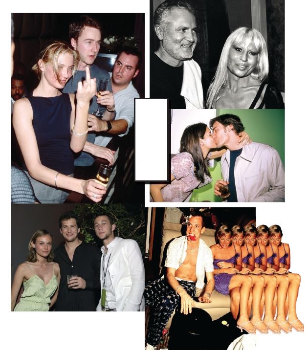 Clockwise from top left: Cameron Diaz and Edward Norton attend the Tommy Hilfi ger party at Bar Room in Miami in 1999; Gianni Versace and Donatella Versace at the Versace Jeans Couture boutique in Miami; Angie Harmon and Jason Seahorn at the Louis Vuitton party in the Miami Design District in 2002; athlete/ actor Ed Marinaro and date Crystal Dalton attend Pierre Cossette’s viewing party for Super Bowl XVII, Miami Dolphins vs. Washington Redskins; Diane Kruger, Guillaume Canet and Joseph Gordon-Levitt pose during a New Year’s Eve party at Ian Schrager’s Delano Hotel in 2002. CLOCKWISE FROM TOP LEFT, PHOTOS BY: KEVIN MAZUR/WIREIMAGE; RON GALELLA, LTD./RON GALELLA COLLECTION VIA GETTY IMAGES;PATRICK MCMULLAN/GETTY IMAGES; NAKI/REDFERNS/GETTY IMAGES; DAVID FRIEDMAN/GETTY IMAGES