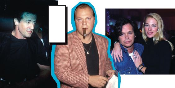 From left: Sylvester Stallone attends Gianni Versace’s New Year’s Eve party in 1994 at Versace’s home in South Beach; Michael Chiklis at Gianni Versace’s New Year’s Eve party in 1994; singer John Mellencamp and Elaine Irwin pose for a photo at Ocean Drive’s ninth anniversary party at the Loews Miami Beach Hotel. JOHN MELLENCAMP AND ELAINE IRWIN PHOTO BY JOE RAEDLE/GETTY IMAGES; ALL OTHER PHOTOS BY RON GALELLA, LTD./RON GALELLA COLLECTION VIA GETTY IMAGES