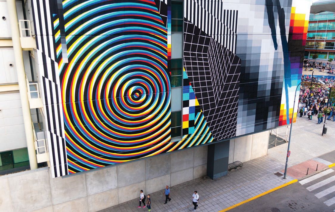 Felipe Pantone, “OPTICHROMIE FNLBRD” (2019, enamel and UV paint on aluminum composite panel), 59 inches by 59 inches PHOTO BY FBSTUDIO