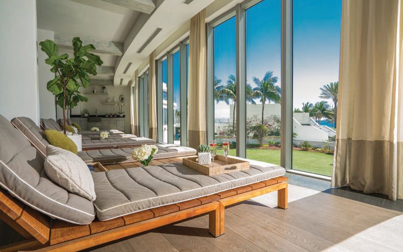 Esencia Wellness Spa’s lounge allows views of the expansive property and beach PHOTO COURTESY OF EDEN ROC AND NOBU HOTEL MIAMI BEACH