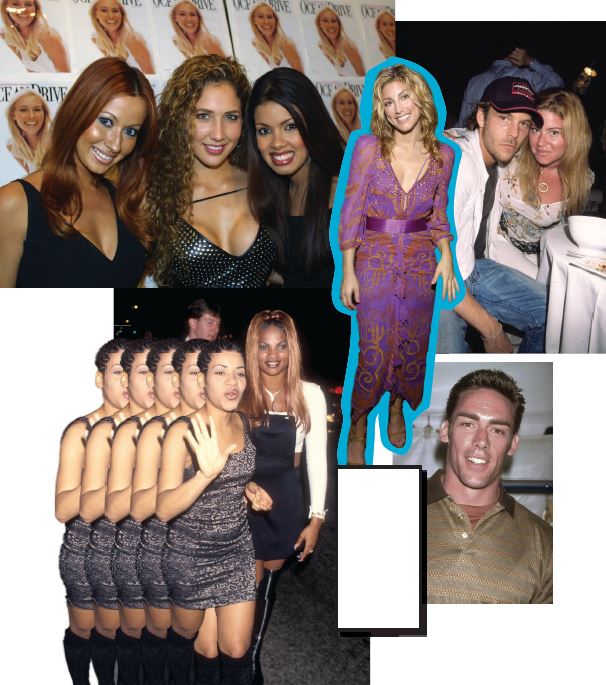 Clockwise from top left: The New Miami Sound Machine members Carla Ramirez, Lorena Pinot and Sohanny Gross arrive at Ocean Drive’s ninth anniversary party at the Loews Miami Beach Hotel; Jennifer Esposito poses during a New Year’s Eve party at Ian Schrager’s Delano Hotel in Miami Beach in 2002; Stephen Dorff with publicist and event planner Lara Shriftman during the Art Loves Design event at Art Basel Miami Beach in 2002; New York Giants cornerback Jason Sehorn attending the Claiborne for Men fashion show NFL party; hip-hop group Salt-n-Pepa (Cheryl “Salt” James and Sandra “Pepa” Denton) attend The Box Unwrapped party to celebrate the new network offices for new music channel The Box in Miami in 1995. CLOCKWISE FROM TOP LEFT, PHOTOS BY: JOE RAEDLE/GETTY IMAGES; DAVID FRIEDMAN/GETTY IMAGES; ROSE HARTMAN/GETTY IMAGES; DAVE ALLOCCA/DMI/THE LIFE PICTURE COLLECTION VIA GETTY IMAGES; RON GALELLA, LTD./RON GALELLA COLLECTION VIA GETTY IMAGES