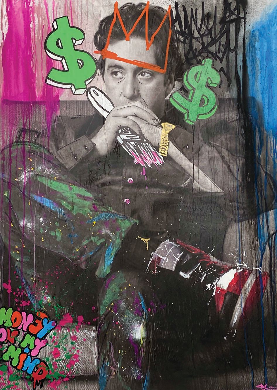 “Money on my mind,” mixed-media hand painting by Skott Marsi in collaboration with London graphic designer Gabriele Soi PHOTO: BY SKOTT MARSI IN COLLABORATION WITH GABRIELE SOI