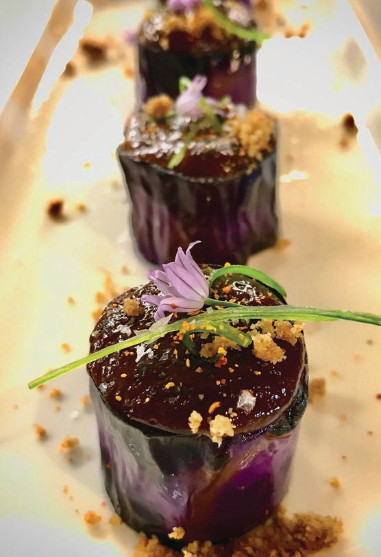 Grilled Japanese eggplant with aka miso gelee, garlic blossom, baby scallion and togarashi crumble PHOTO COURTESY OF HAIKU